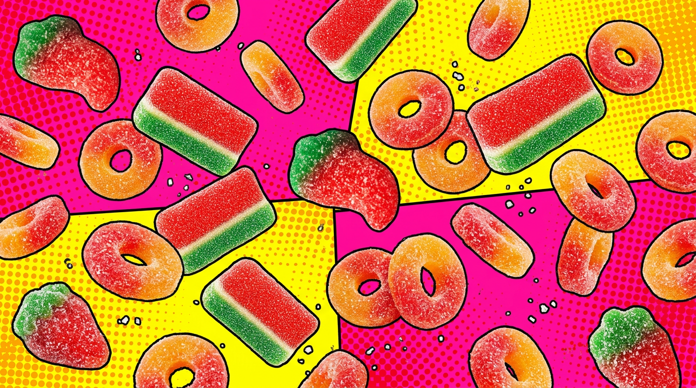 Swicy sour chili strawberry gummies, watermelon slices and peach rings scattered on a pop-art background